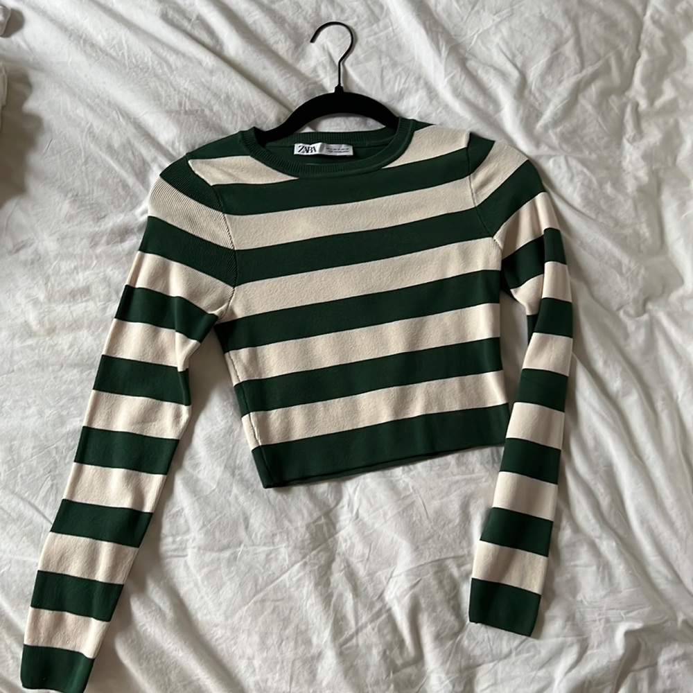 Green and white (cream) stripped top